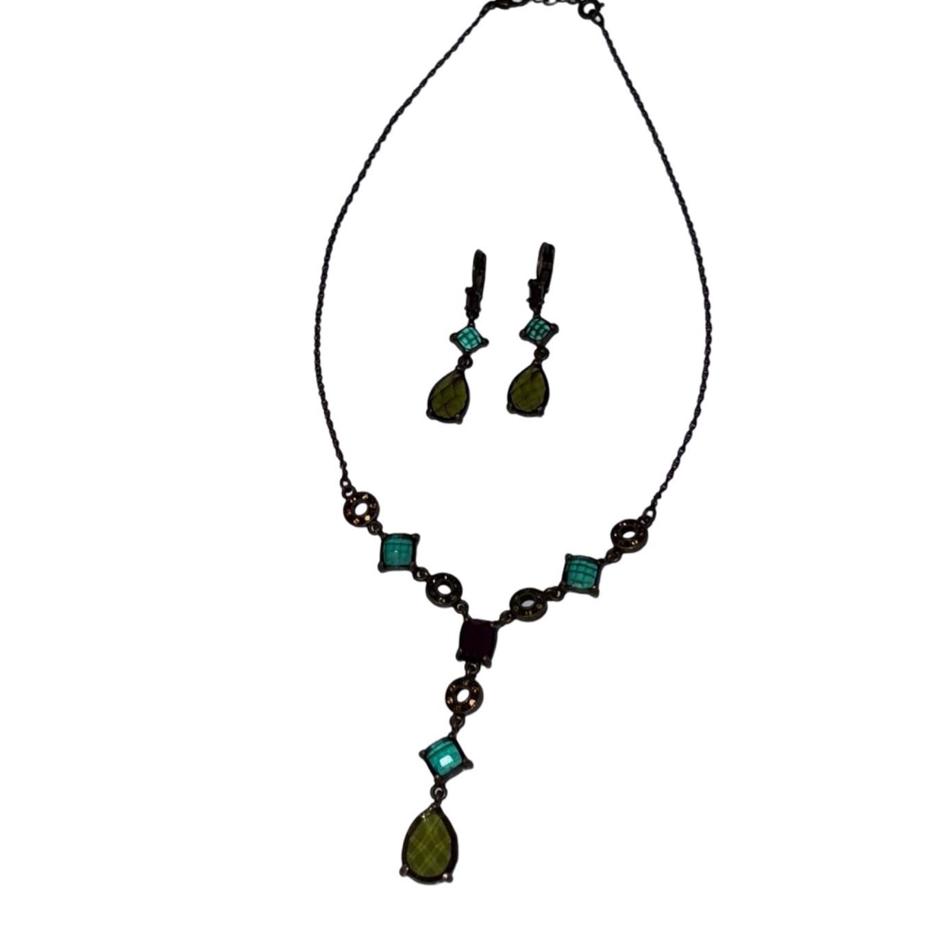 Nina Ricci Purple Green Yellow Revival Necklace Earrings Vintage Jewelry Set 25$